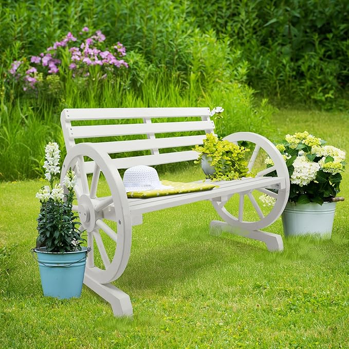 VINGLI Rustic Wooden Wheel Bench Outdoor Bench, Patio Bench Wagon Slatted Seat, Garden Benches for Outdoors 350lbs High Capacity, Weather Resistance (White, 41in)