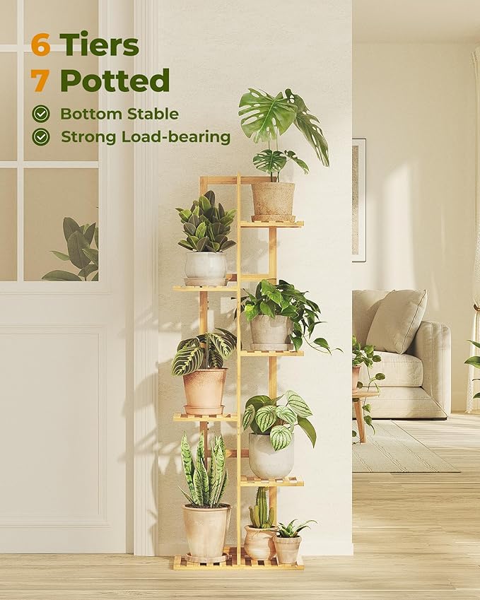 Bamworld Bamboo Plant Stand Indoor 6 Tiered Plant Shelf Outdoor Corner Plant Rack for Multiple Plants Flower Stand Plant Holder for Living Room Bedroom Balcony Patio Garden 48 Inch Natural