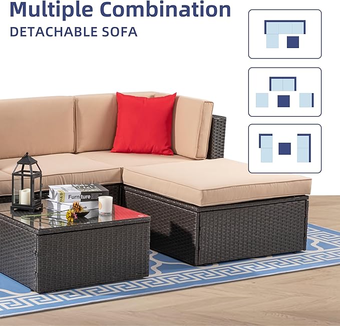 Vongrasig 5 Piece Patio Furniture Sets, Outdoor Patio Set Sectional Sofa, All-Weather PE Rattan Outdoor Couch with Ottoman, Glass Table for Garden, Backyard, Porch, Beige