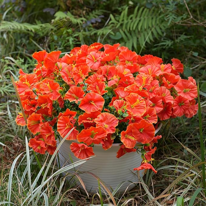 Artificial Flowers for Outdoors, UV Resistant Fake Silk Morning Glory, Realistic Faux Plants for Outside Porch Patio Window Box Hanging Planter (16, Orange)