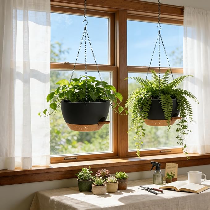 13 Inch 2 Pack Large Self Watering Hanging Planters for Indoor Outdoor Plants, Hanging Plant Pots with Removable 50 Oz Reservoir, Plastic Hanging Basket for Window Porch Garden, Black with Brown
