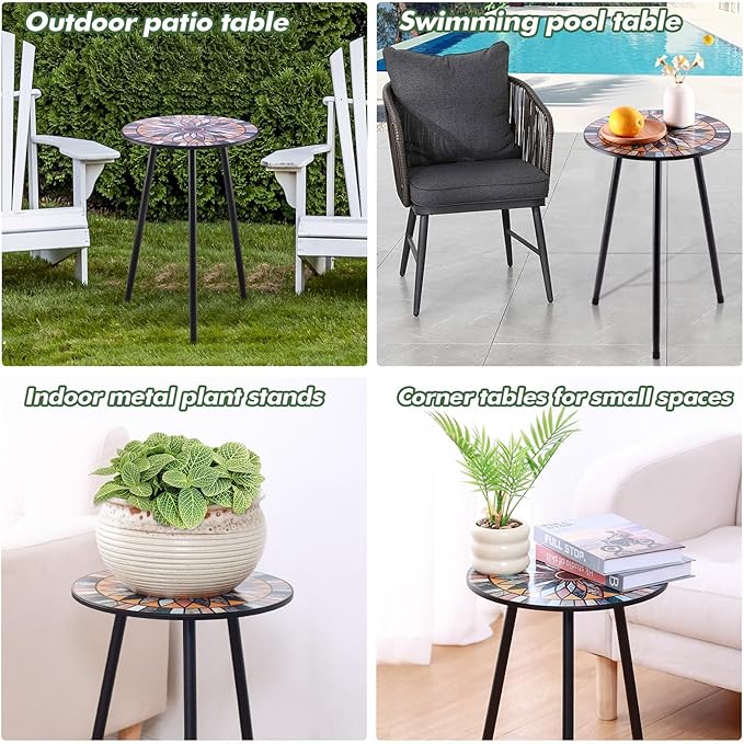 Party Zealot 1 Pack Metal Mosaic Round Side Table Small 13.4" End Patio Round Accent Table Garden Corner Stand for Small Spaces Weather-Resistant for Balcony Plant Stand Indoor Outdoor