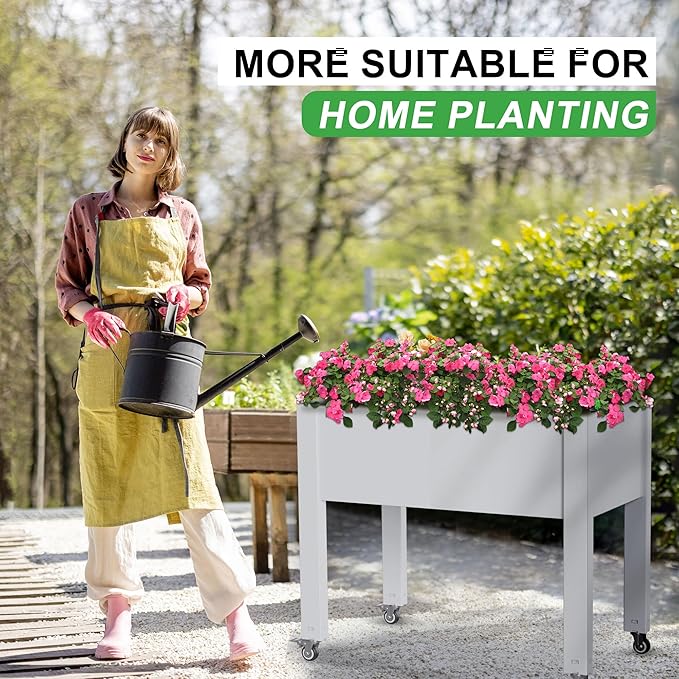 Raised Garden Bed with Legs, 28.9" Tall Self-Watering Raised Planter Box with Lockable Wheels, Drainage Plug and Gauge for Vegetables Flowers, Rustproof Resin for Backyard Patio (Ashen)