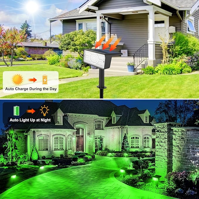 T-SUN Green Solar Spot Lights Outdoor 4 Pack, 49 LED 2 Lighting Modes, IP65 Waterproof Landscape Spotlights, 2 in 1 Auto On/Off Solar Lights for Yard, Garden, Driveway, Pathway