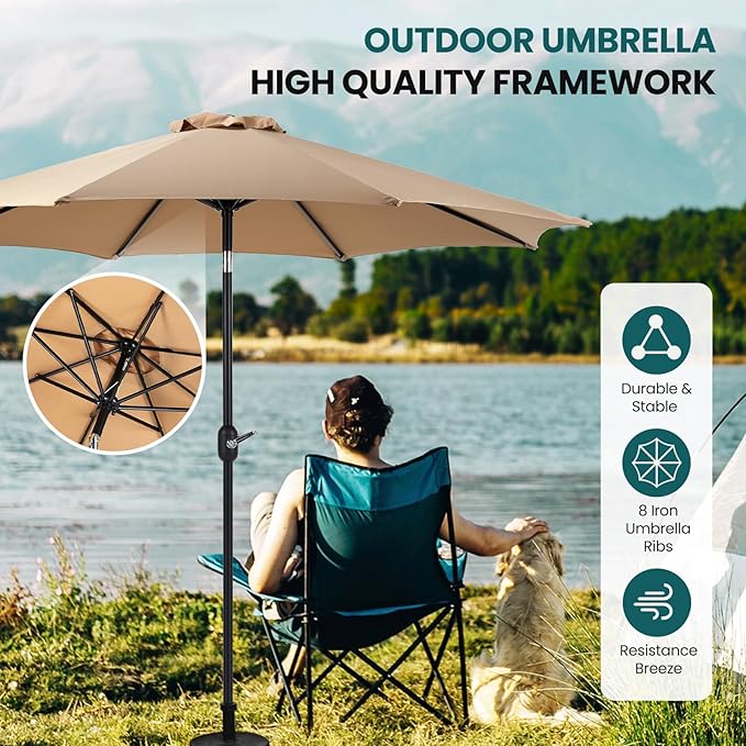 OLIXIS 9ft Patio Umbrella with Tilt and Crank Button & 8 Sturdy Ribs Waterproof, Patio Table Umbrella Perfect for Poolside, Terrace, Beach and Outdoor Restaurant, Brown