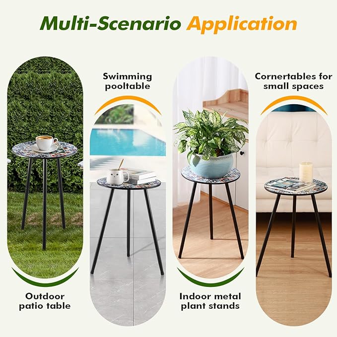 1 Pack Metal Outdoor Side Table Small Outside Round End Table for Patio Modern Accent Garden Corner Table for Small Spaces, Balcony, Porch, Weather-Resistant, Plant Stand Indoor, Mixed Mosaic