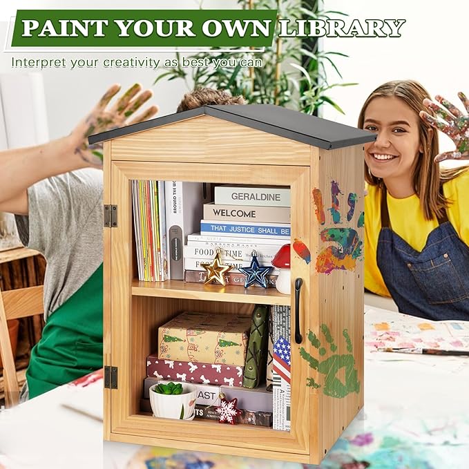 Outdoor Library Outdoor Book Box Storage Wooden Cabinet Little Literature Box for Neighborhoods Community and Schools Sharing Books, Flyers, Newspapers, Food and Art(C)