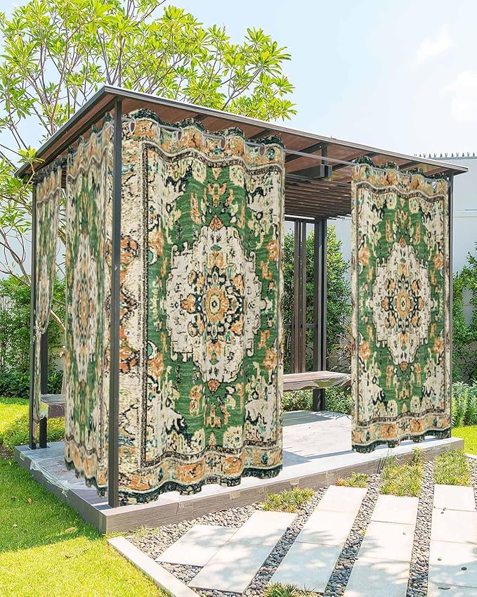 Ombre Green Boho Outdoor Curtains for Patio Waterproof, Grommet Privacy Curtain Drapes Weatherproof Outside Curtains for Porch GazeboPergola Cabana 1 Panel 54x95inch Vintage Ethnic Tribal Geometric