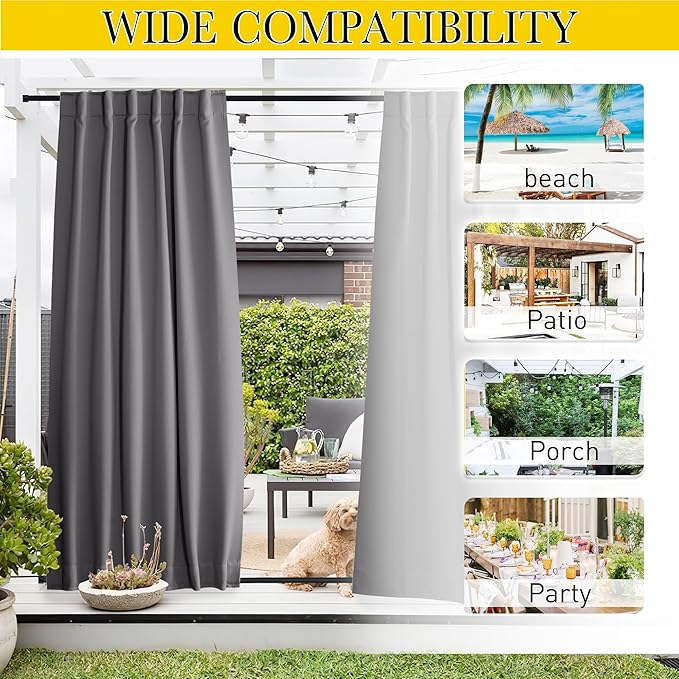 NICETOWN 2 Panels Grey Outdoor Curtains Waterproof Extra Long for Patio, Windproof Top & Bottom Pocket & Back Tab Weighted Blackout Outdoor Drapes Keep Privacy with Rope for Fixed, W52 x L108