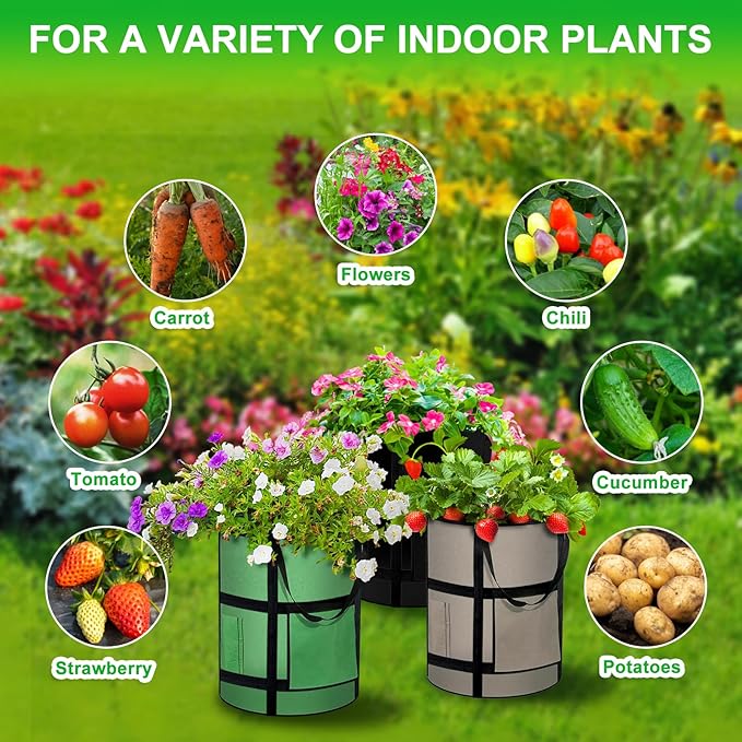 10 Gallon Potato Grow Bags with Viewing Window, 300G Nonwoven Garden Planting Pots, Heavy-Duty Surround Handles for Gardening Supplies (6Pack Grow Bags)