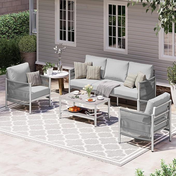 Aluminum Outdoor Patio Furniture Set with Dual-Layer Coffee Table, 4 Piece Modern Patio Conversation Sets with PE Rope, Outdoor Sectional Sofa with Thick Cushions for Balcony, Yard, Silver