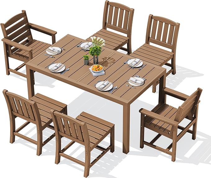 SERWALL 7-Piece Outdoor Dining Set, 60" - 83" Expandable Outdoor Dining Table and 6 HDPE Chairs, All Weather HDPE Outdoor Furniture Set for Backyard, Garden, Brown