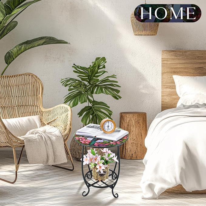 Outdoor Side Table Round Small Mosaic Patio Accent Indoor End Plant Coffee Tea Table for Yard Patio Porch Garden Living Room, Bedroom(Hummingbird Style,12 Inch)