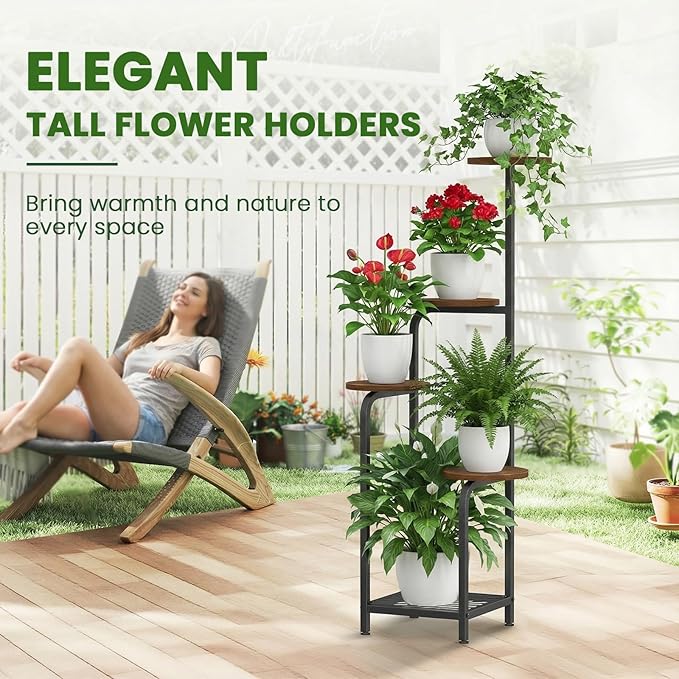 TOSKING 5 Tier Metal Plant Stand Indoor 48''H Tall ,Heavy Duty Plant Shelf , Corner Shelf Flower Pot Stand for Outdoor Plant Stand for Living Room Balcony Garden Patio Bedroom (5 Tier-Brown)