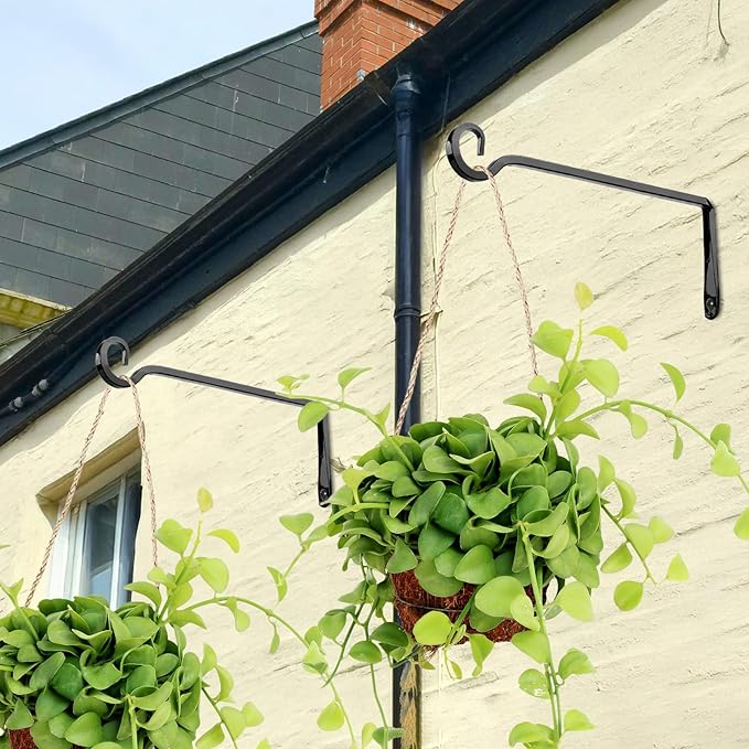 Metal Hanging Plant Hooks, 2 Pack 10 Inch Wall Hooks for Hanging Plants, Bird Feeder, Flower Basket, Wind Chimes, Indoor Outdoor (Black)
