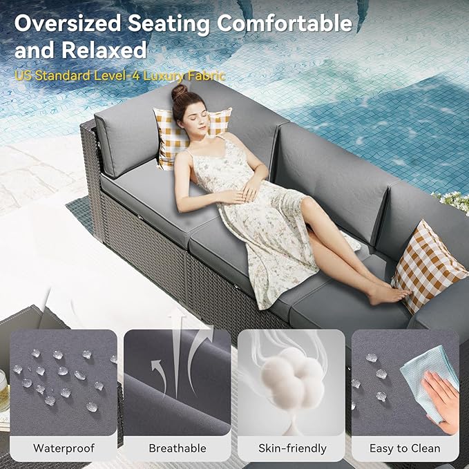 Aoxun Patio Furniture Set, 7 Piece Outdoor Sectional Sofas with Waterproof Cover, Wicker Rattan Outdoor Furniture Patio Conversation Set for Backyard, Garden Light Grey
