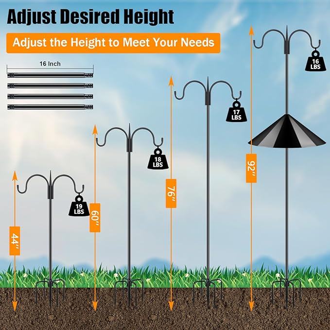 FEED GARDEN Heavy Duty Bird Feeder Pole - 92” Squirrel Proof Shepherd Hook with Baffle, 5-Prong Stable Base, Adjustable Height, Rust Resistant Steel for Outdoor Feeders & Plants