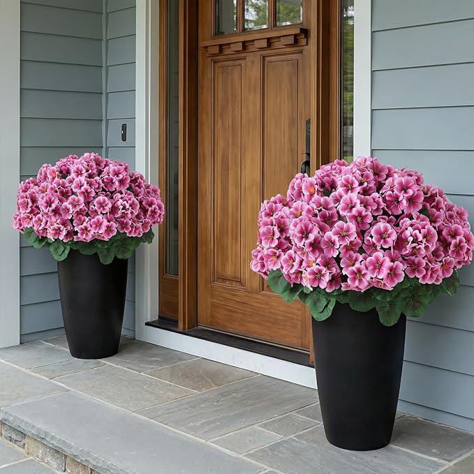 2 Pack Artificial Geranium Flowers Topitary Trees for Outdoors, UV Resistant Geraniums Potted Bushes Look Real Silk Faux Plants for Front Door Garden Porch Planter Farmhouse Home Decor (Pink)