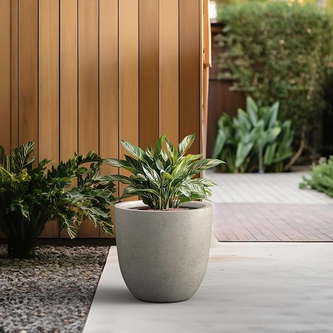 Kante 18 Inch Diameter Round Concrete Planter, Indoor Outdoor Large Plant Pot with Drainage Hole and Rubber Plug for Home Patio Garden, Buff Concrete