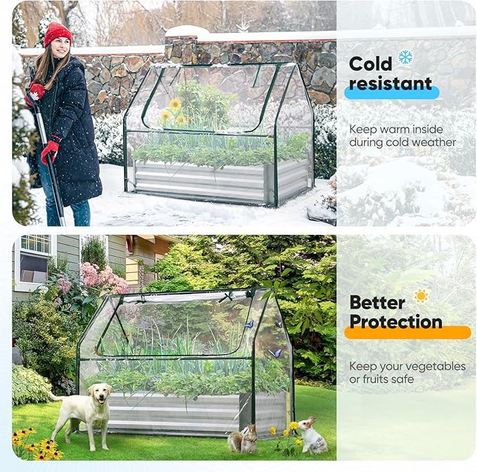 Quictent Raised Garden Bed with Cover Outdoor Galvanized Steel Planter Box Kit with Greenhouse Large Zipper Window Dual Use, 20pcs T-Type Tags & 1 Pair of Gloves Included 4x2.4x1 FT, Clear