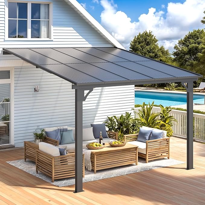 AECOJOY 10' x 10' Adjustable Height Outdoor Gazebo Pergola for Patio, Large Wall-Mounted 6.5-9.8 Ft Hard Top Lean to Metal Heavy Duty Metal Awnings Shelter Pergolas and Gazebos Clearance with Roof