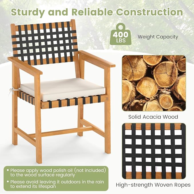Tangkula 7 Piece Patio Dining Set for 6 People, 63” Outdoor Rectangular Acacia Wood Table with 1.97” Umbrella Hole & 6 Armchairs with Padded Seat Cushions, for Deck Yard and Poolside