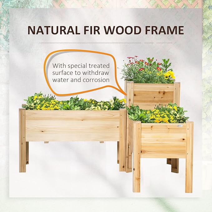Outsunny Raised Garden Bed Set of 3, Wooden Elevated Planter Box with Legs and Bed Liner, for Backyard and Patio to Grow Vegetables, Herbs, and Flowers, Natural