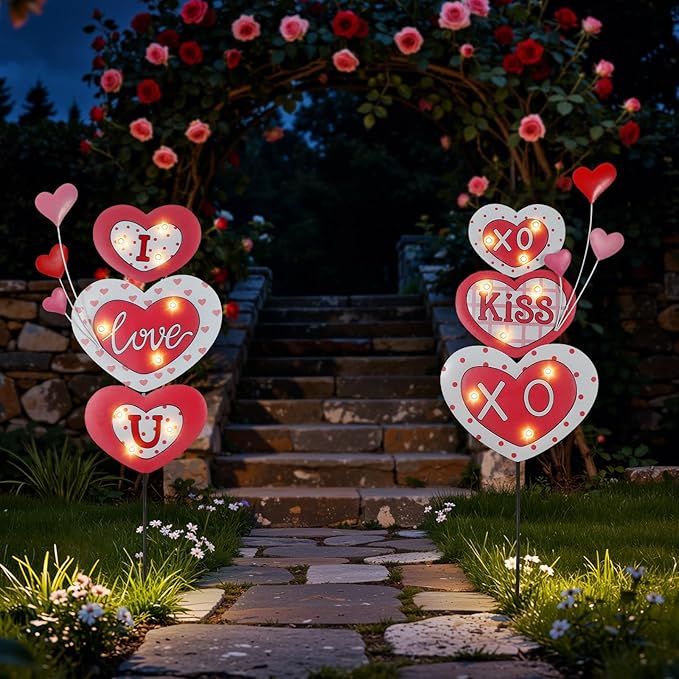 Lewondr 2 Pcs Valentine's Day Decorations Outdoor, Metal Solar Pathway Lights, Love Heart Decorative Garden Stakes Lights with 18 LED Beads, Waterproof Yard Signs for Porch Lawn Wedding Anniversary