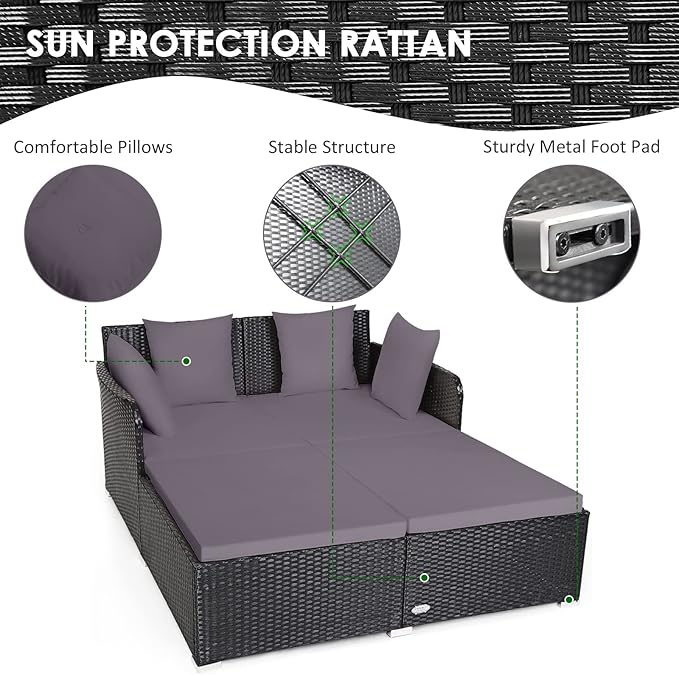 COSTWAY Outdoor Patio Rattan Daybed, Sponge Cushioned Loveseat Sofa with 4 Pillows, Wicker Furniture Sunbed for Balcony, Courtyard (Grey)