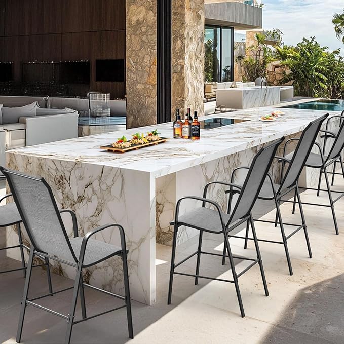 VINGLI Outdoor Bar Chairs Set of 8 – Stackable Outdoor Bar Stools with Sturdy Sling High Back and Armrests for Lawn, Courtyard, Garden, Bar, Silver Gray