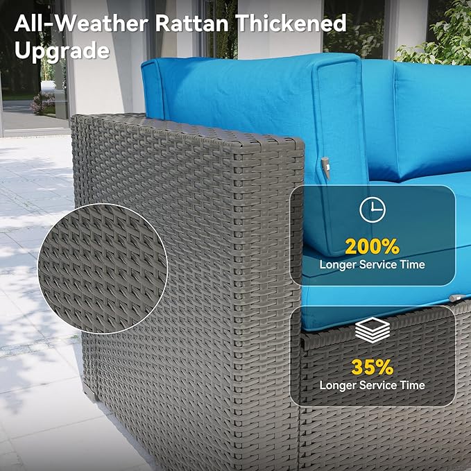 Aoxun Patio Furniture Set with Fire Pit Table, 8 Piece Outdoor Sectional Sofas, Wicker Rattan Outdoor Furniture with Thickened Cushion for Backyard, Garden Peacock Blue