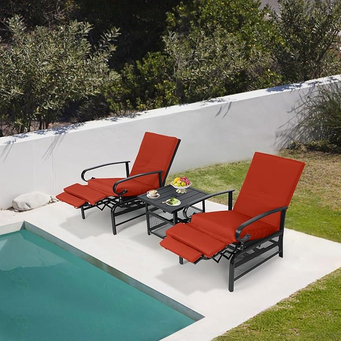 Oakcloud Adjustable Outdoor Lounge Chair Metal Patio Relaxing Recliner Chair with Removable Cushions(Red)