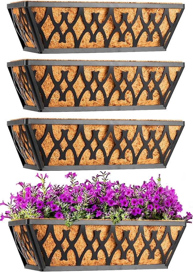 4 Pack 14 Inch Window Boxes Planters Railing Planter Box with Coco Liners Deck Railing Planter Boxes Balcony Hanging Flower Box for Outdoor Plants Garden Decor