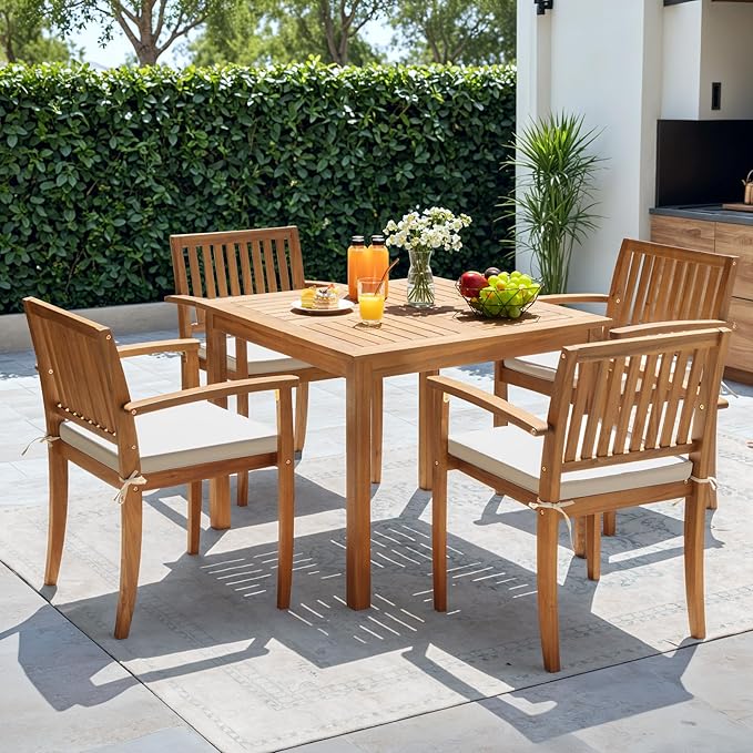 Greesum 5 Piece Patio Dining Set Outdoor Solid Wood Furniture for Yard, Garden, Porch w/Square Tabletop & 4 Chairs, White