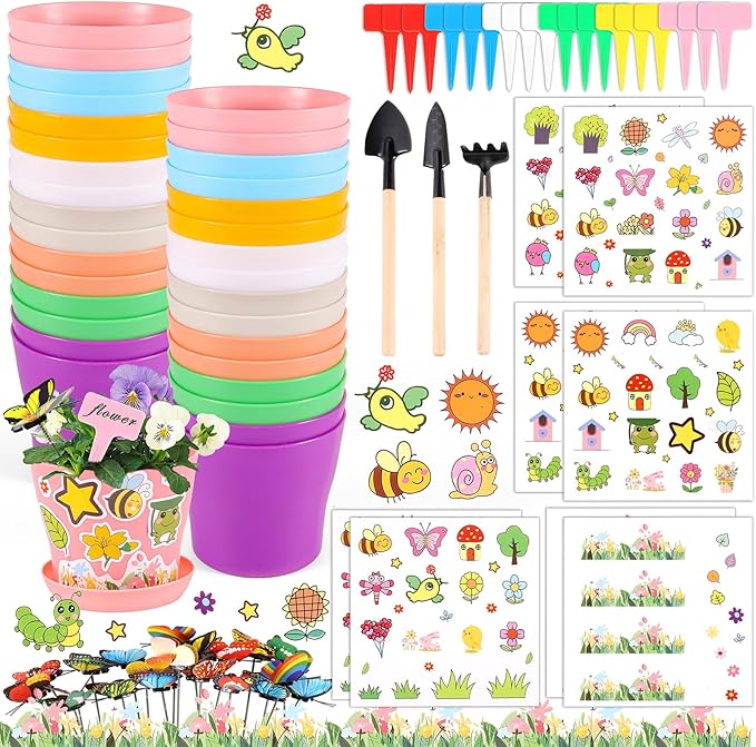 32 Set Garden Plastic Pot Craft Kit DIY Flower Plant Crafts Nursery Pots with Stickers Flower Planting Growing Kit for Spring Summer Home Classroom School Creative DIY Art Project Activities