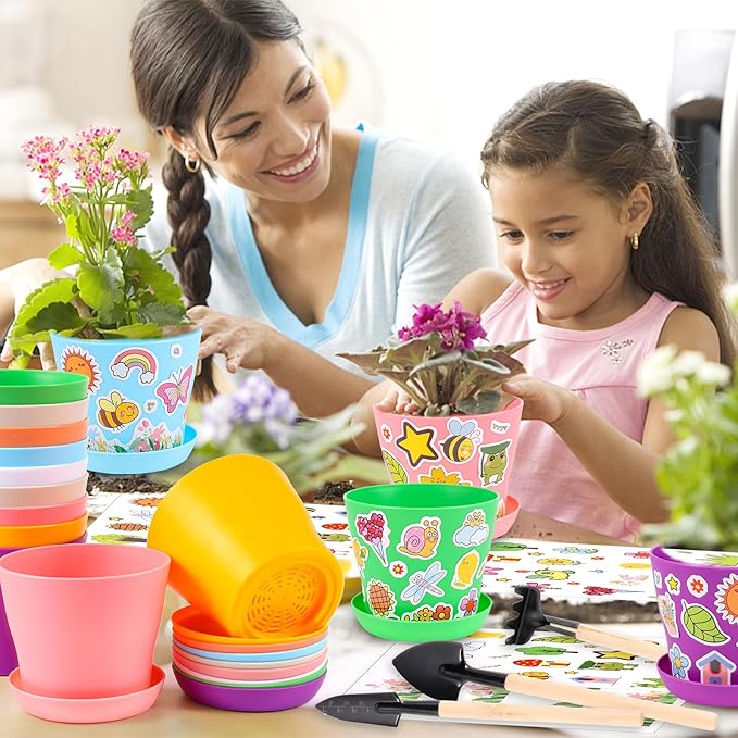 32 Set Garden Plastic Pot Craft Kit DIY Flower Plant Crafts Nursery Pots with Stickers Flower Planting Growing Kit for Spring Summer Home Classroom School Creative DIY Art Project Activities