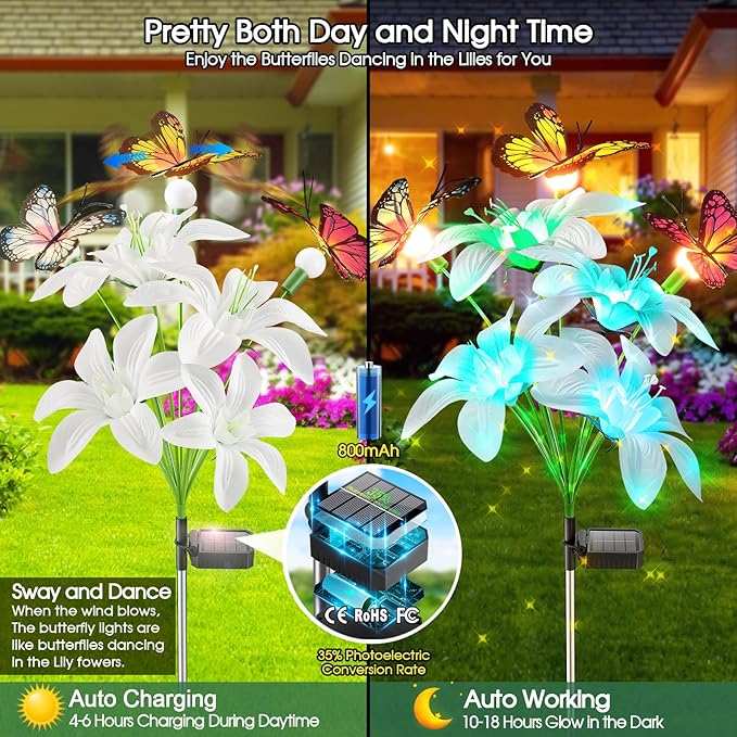 Garpar Solar Flowers Lights Outdoor Waterproof, Upgraded 8 Pack Solar Garden Lights with 32 Lily & 24 Butterflies, Bright Color Changing Outdoor Decor for Outside Yard Patio, Gift (8)