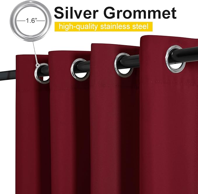 NICETOWN Canvas Outdoor Curtains for Paito 2 Panels, Red, W52 x L84 per Panel - Waterproof & Windproof Sun Shades with Grommet & Back Tab & Rod Pocket, Free Rope Included for Bottom Fixing