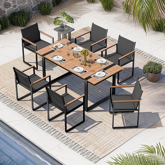 Outdoor Dining Set, HDPS + Aluminum Patio Table and Chairs Set with U-Shaped Base, 7 Piece Outdoor Furniture Set with Umbrella Hole, Patio Dining Table Set for Garden, Backyard (Gray-Teak)
