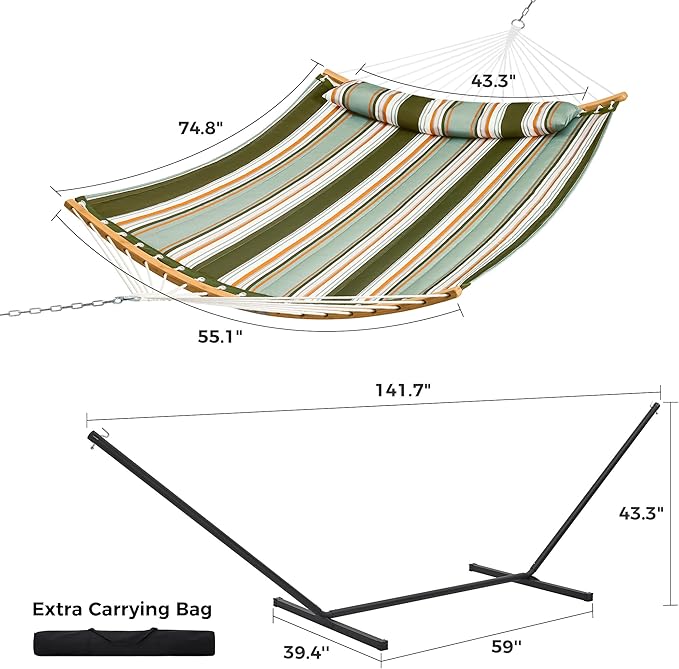 SUPERJARE Hammock with Stand, 2 Person Heavy Duty Hammock with Padded Cotton, Detachable Pillow & Strong Curved-Bar & Portable Carrying Bag, Perfect for Outdoor & Indoor, Retro Green