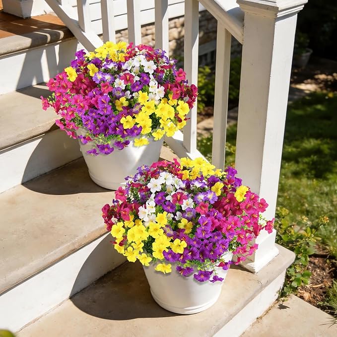 INQCMY Artificial Flowers for Outdoors Fake Plants Spring Decoration, 12 Bundles Faux Petunias UV Resistant No Fade Realistic Silk Flower for Outside Planters Patio Porch Yard Window Box