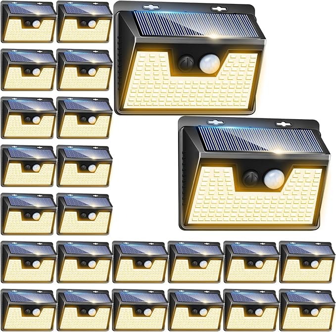 Peasur Solar Lights Outdoor Waterproof [24 Pack/140LED], Warm White Motion Sensor Lights Dusk to Dawn, 3 Modes Solar Fence Security Lighting for Wall Garden Yard Stair Outside