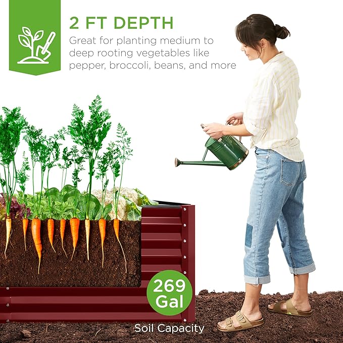 Best Choice Products 6x3x2ft Outdoor Metal Raised Garden Bed, Deep Root Box Planter for Vegetables, Flowers, Herbs, 269 Gallon Capacity, 100% Non Toxic Materials - Royal Red