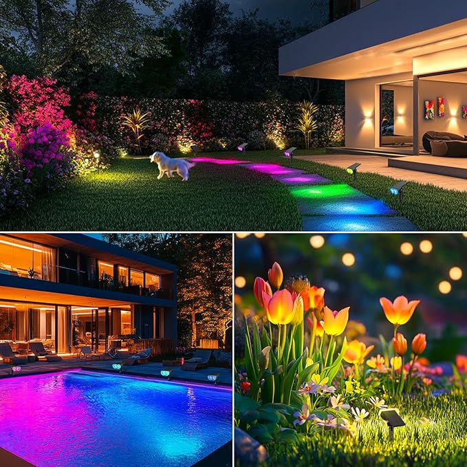 Consciot Solar Spot Lights Outdoor, Halloween Decorations 22 LEDs IP67 Waterproof Color Changing Solar Outdoor Lights, 8 Colors, 2-in-1 Adjustable Wall Lights for Garden Yard Pathway, 4 Pack (RGB)