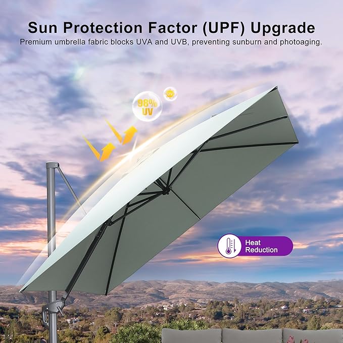 PURPLE LEAF Patio Umbrella 10' X 10' Rectangle Cantilever Umbrella Large Aluminum Outdoor Umbrellas with 360-degree Rotation & UPF40+ Premium Fabric for Deck Pool Garden Yard, Mint Green