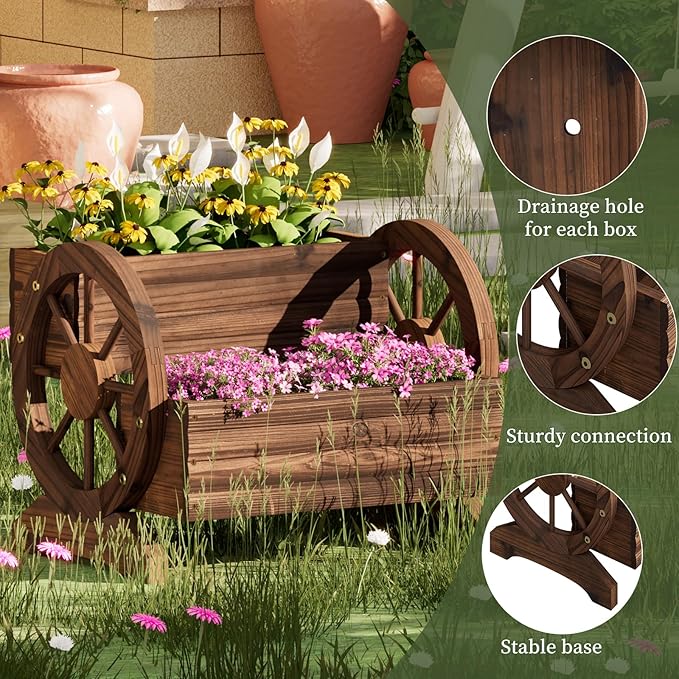 Wooden Wagon Planter Flower Cart with Wheels Garden Box Garden Planter, Decorative Planter for Flowers Herbs Vegetables for Indoor & Outdoor Décor Flower Cart for Patio Garden Balcony (Carbonized)