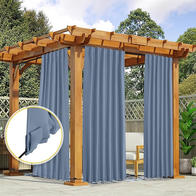 NICETOWN 2 Panels Outdoor Curtains Waterproof Pocket & Back Tab on Top & Bottom, Thermal Insulated Fixed Windproof Outdoor Drapes Privacy for Patio with Rope for Fixed, W52 x L95, Stone Blue