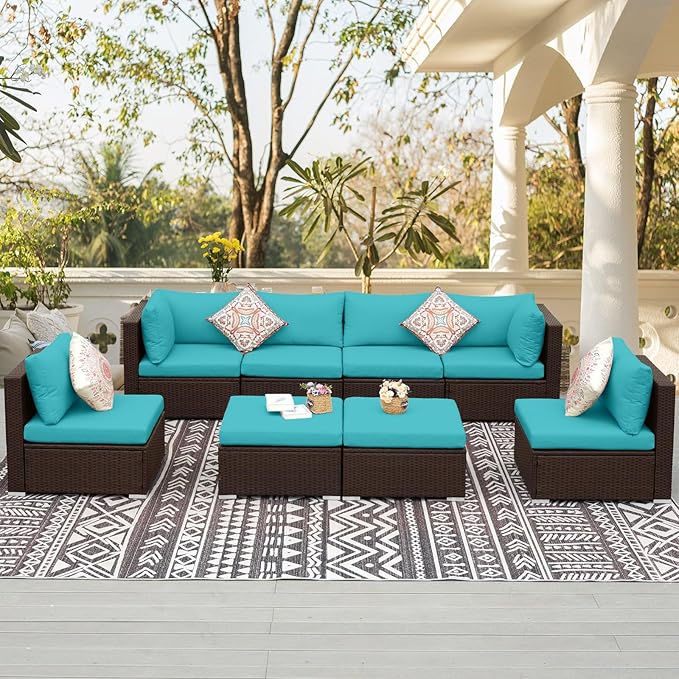 NICESOUL 8 Piece Outside Furniture Set, 29.3'' High Back Deep Seating Wicker Patio Modular Sectionals, Oversized Modern Comfy Conversation Sets for Backyard, Brown Rattan and Teal Cushion