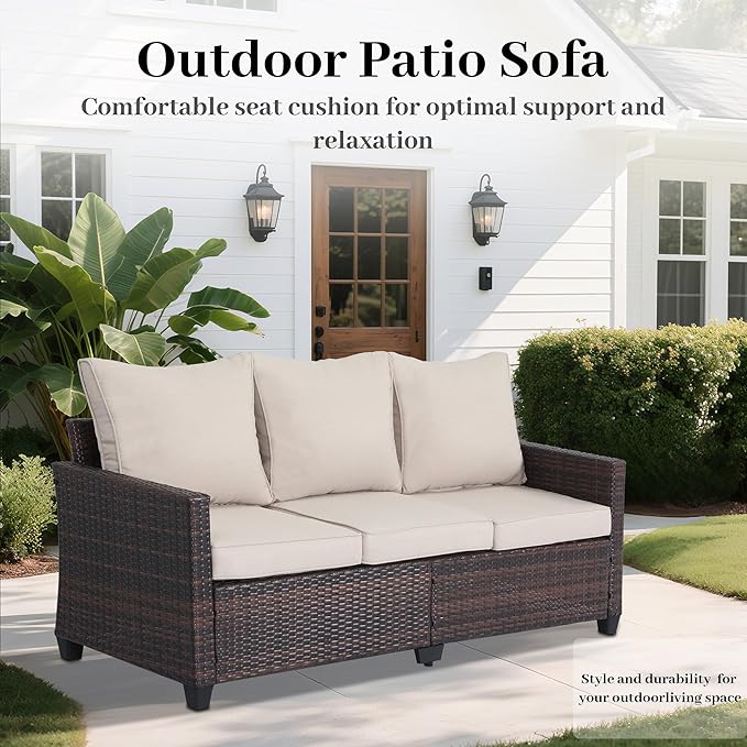 Rattan Outdoor Sofa 3-Seater - PE Woven Patio Couch with Waterproof Blue Cushions, Heavy-Duty Steel Frame for Garden, Poolside Outdoor Wicker Furniture-Beige