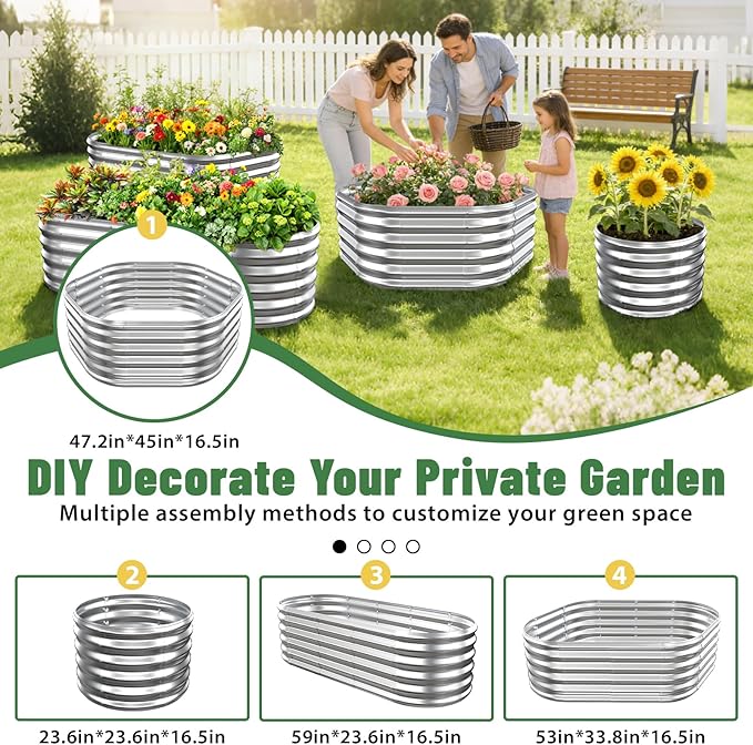 Hexagon Raised Garden Bed, 48 Inch Diagonal & 16.5 Inch Tall, Galvanized Steel Planter Box with Wave-Shaped Metal Panels for Outdoor Flower,Tree,Herb & Vegetable Garden (Silver, 4FT X 1.5FT)
